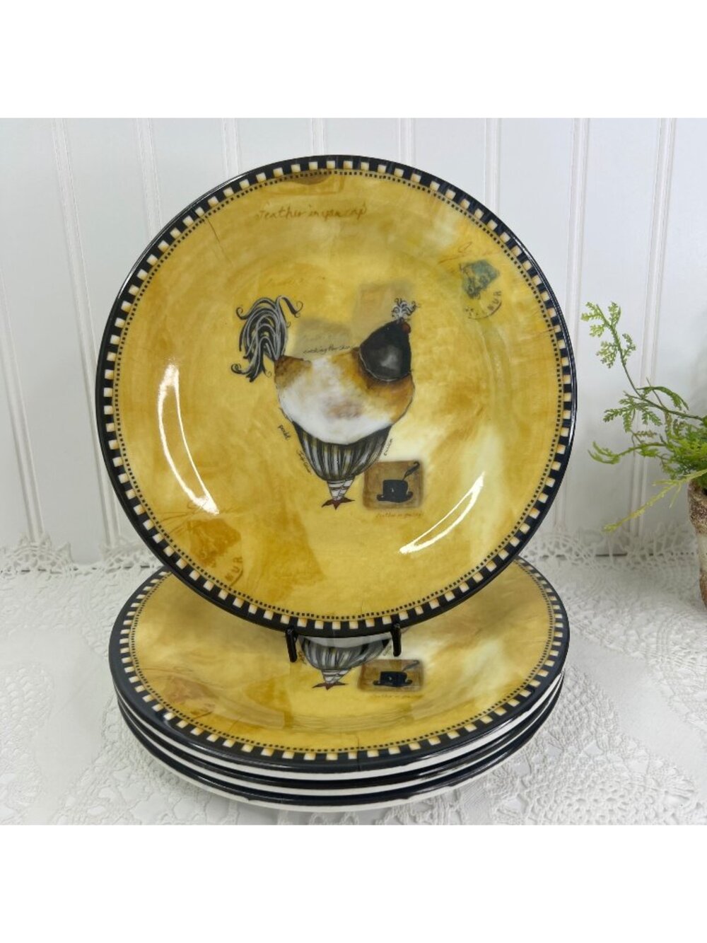 4 Evergreen French Rooster Melamine 9" Salad Plates Yellow Black Checkered